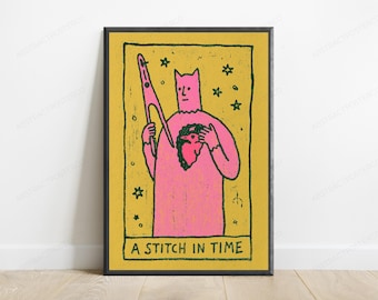 Pink Cat Wizard Tarot Print | Whimsical Folk Art Wall Decor (Digital Download)