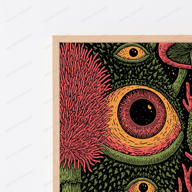 May include: A framed wall art print featuring a dark, textured background with a large, central eye with an orange iris and black pupil. Surrounding the eye are pink, spiky, coral-like structures, green mushroom caps, and smaller eyes.