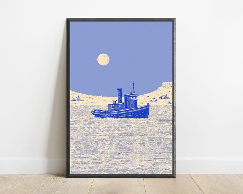 May include: A framed art print featuring a blue tugboat centered on a textured, light-colored sea. The background shows a pale blue sky with a round, cream-colored moon and a distant, barren shoreline with small structures under a soft light.