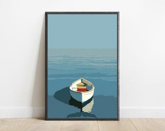 Lone Fishing Boat Minimalist Print | Serene Water Reflection Art | Coastal Wall Decor | Digital Download A3 A2 A1
