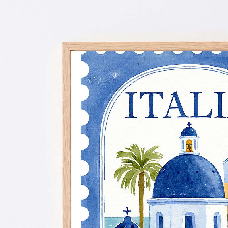 Coastal Italia Architecture Print | Mediterranean Postage Stamp Art | Minimalist Travel Wall Decor | Digital Download A3 A2 A1 image 2