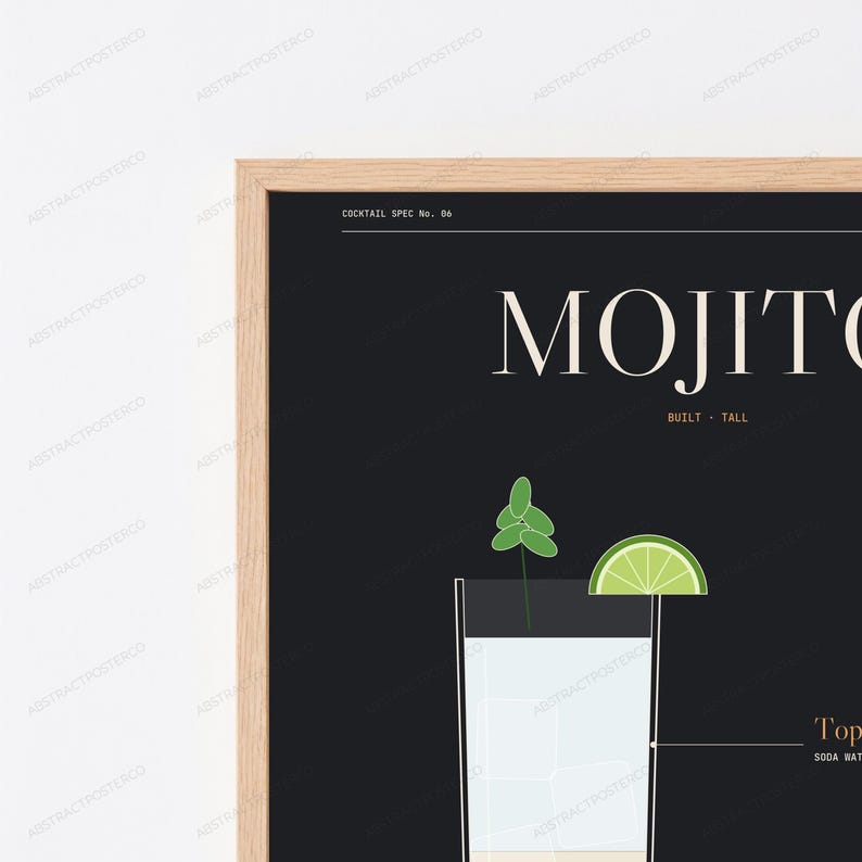 Mojito cocktail recept print | Minimalistische bar kunst | Eten & drinken wanddecoratie afbeelding 2
