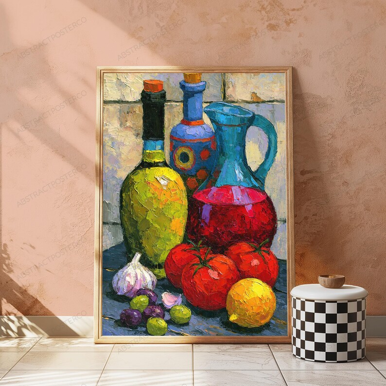 May include: An oil painting print in a wooden frame depicting a still life with a green bottle, a blue patterned bottle, a blue pitcher filled with red liquid, three red tomatoes, a head of garlic, a lemon, and several green and purple grapes.