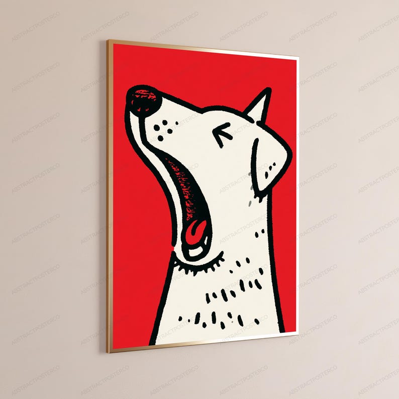 Popkonsttryck med skällande vit hund, röd bakgrund | Djärv grafisk djurväggkonst | Modern heminredning bild 3