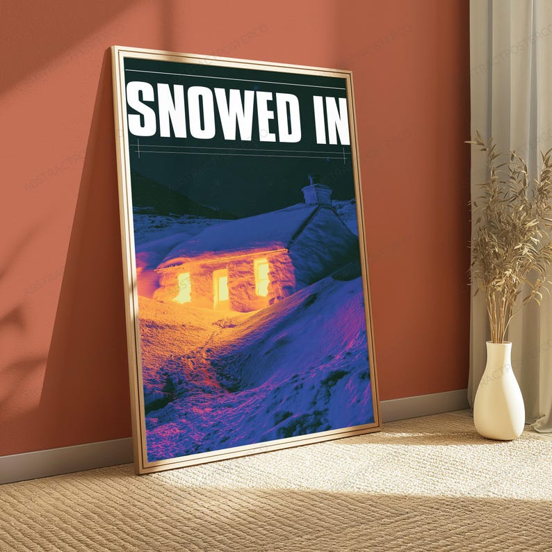 Snowed In Cabin Thermal Art Print | Cosy Winter Landscape | Minimalist Cold Weather Wall Decor image 4