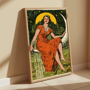 May include: A framed art print featuring a person with long dark hair wearing a vibrant orange dress and a silver necklace, seated on a large crescent moon against a dark green starry sky with a yellow circular backdrop and a landscape below.