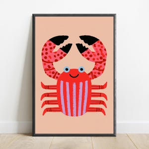 Happy Red Crab Pop Art Print | Cute Minimalist Sea Creature Wall Art | Coastal Home Decor | Digital Download A3 A2 A1 image 1