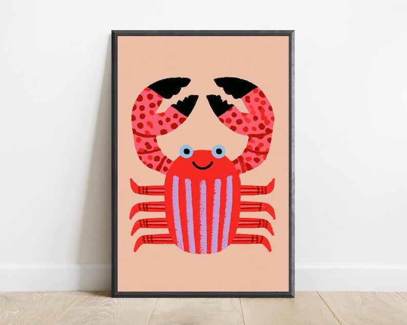 Happy Red Crab Pop Art Print | Cute Minimalist Sea Creature Wall Art | Coastal Home Decor | Digital Download A3 A2 A1 image 1