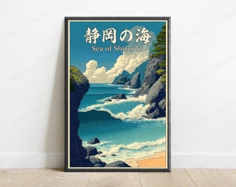 Sea of Shizuoka Coastal Cliffs Art Print | Japanese Woodblock Landscape | Minimalist Nature Wall Art | Digital Download A3 A2 A1