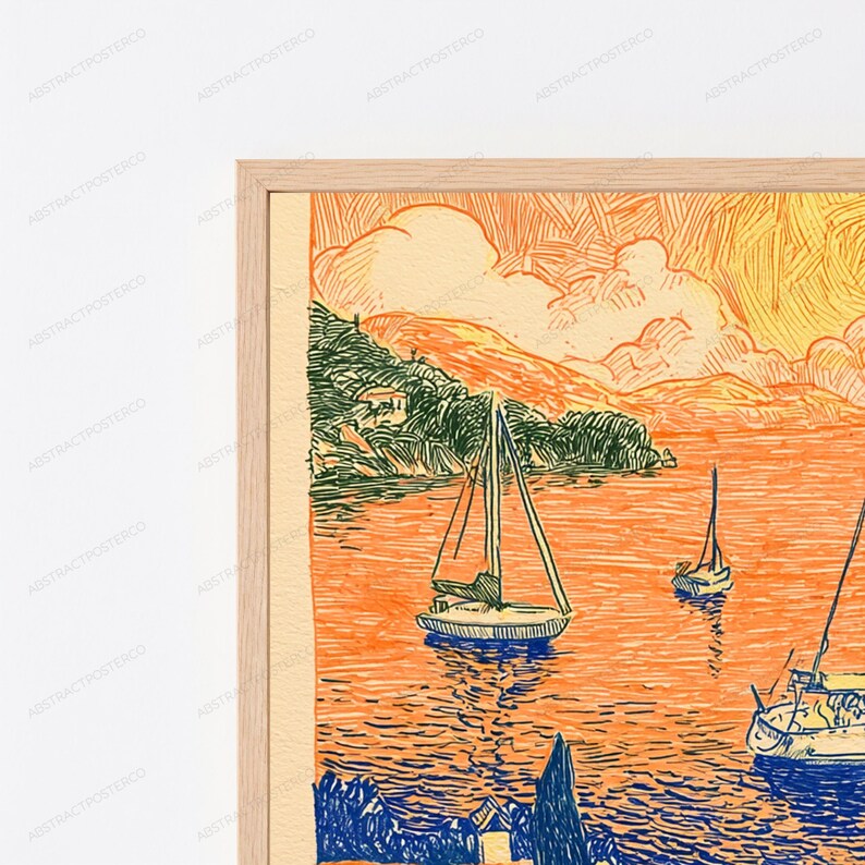 May include: A framed art print featuring a stylized coastal scene with sailboats on orange water. The illustration uses bold, hatched lines in shades of orange, yellow, and dark blue to depict hills, clouds, and boats under a warm, vibrant sky.