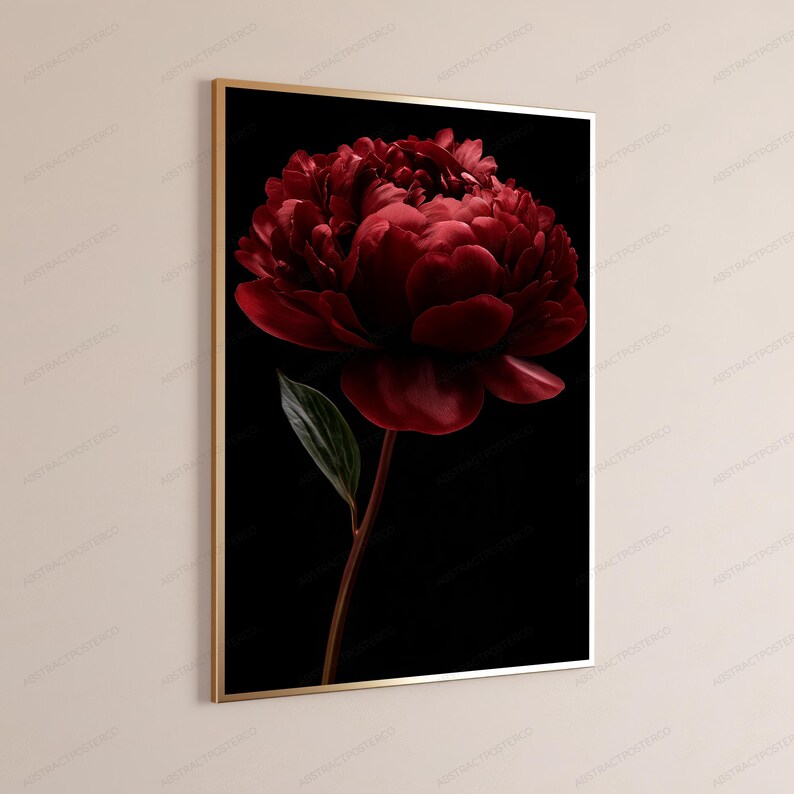 Red Peony Flower Botanical Print | Dark Moody Floral Wall Art | Luxury Home Decor image 3