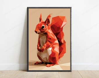 Red Geometric Squirrel Modern Art Print | Polygon Low Poly Wall Art | Woodland Animal Decor