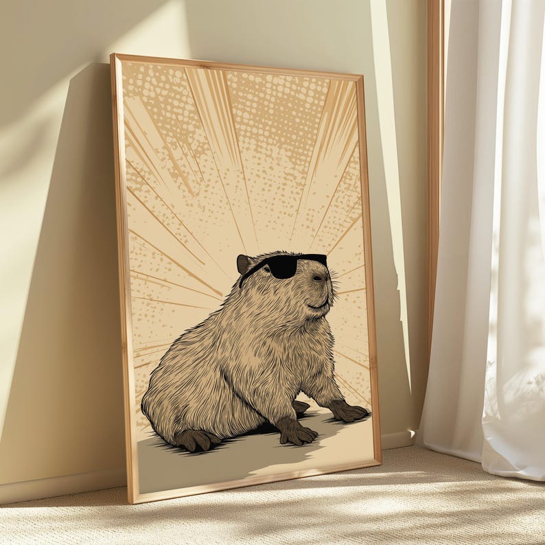 Cool Capybara Sunglasses Print | Funny Animal Wall Art | Minimalist Pop Art Decor | Digital Download A3 A2 A1 image 2