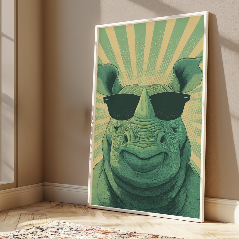 May include: A framed art print featuring a green rhino wearing black sunglasses. The rhino is smiling, set against a background of green and yellow rays. The artwork has a vintage, comic book style.