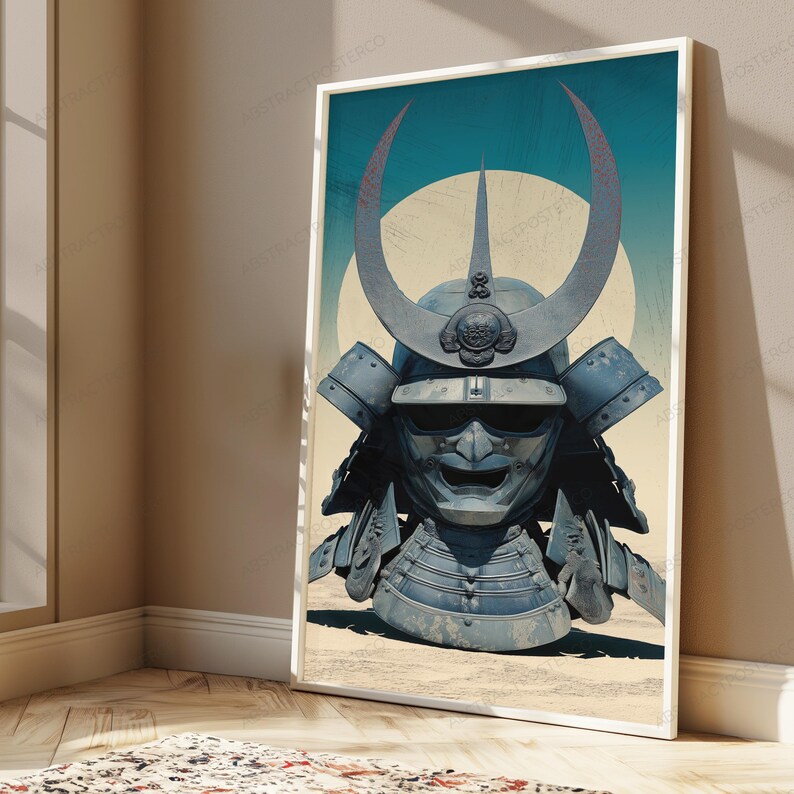 May include: A framed vertical wall art print featuring a blue-toned samurai helmet with a large crescent-shaped crest. The helmet sits against a pale yellow circular background and a teal sky. The design includes a detailed face mask with a wide grin.