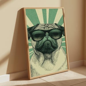 May include: A framed wall art print featuring a detailed illustration of a pug dog wearing black sunglasses. The background consists of a green and cream-colored sunburst pattern with a textured, vintage-inspired aesthetic and clean lines.