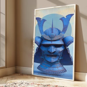 Blue Samurai Kabuto Helmet Art Print | Japanese Warrior Armor Wall Art | Minimalist Home Decor | Digital Download A3 A2 A1 image 3