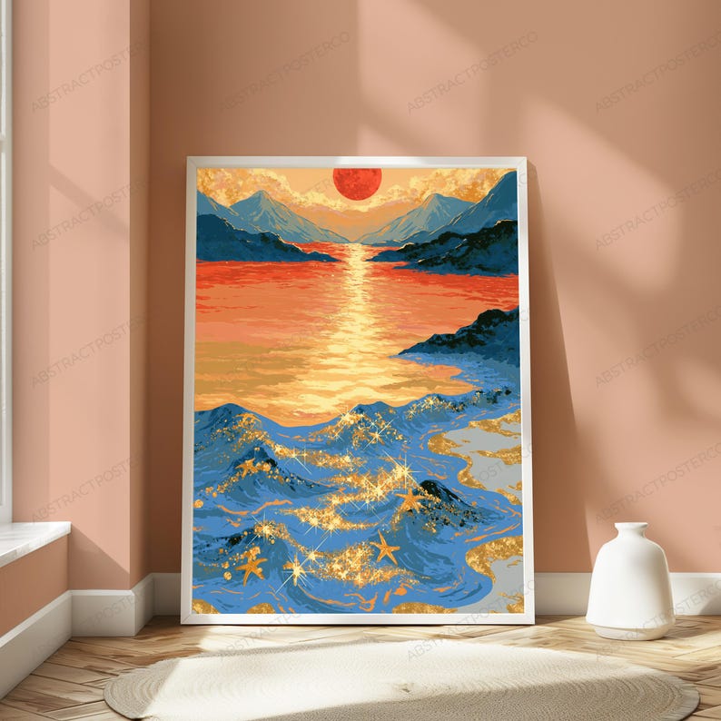 May include: A rectangular wall art print featuring a landscape illustration of a sunset over a body of water with mountains in the background. The scene includes a bright red sun, golden light reflecting on the water, and blue waves with gold star accents.