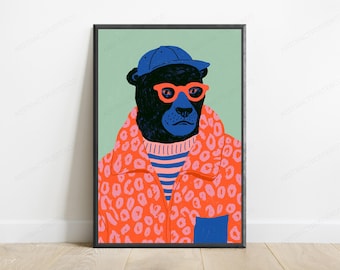 Cool Gorilla Sunglasses Pop Art Print | Retro Primate Wall Art | Quirky Animal Home Decor | Digital Download A3 A2 A1