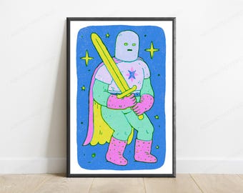 Guerrero Cósmico con Espada Amarilla - Lámina Pop Art / Arte de Pared con Personaje Neón / Decoración Vibrante para el Hogar / Descarga Digital A3 A2 A1