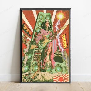 May include: A framed poster featuring a person in a pink and blue striped kimono playing an electric guitar while seated on a large green speaker stack. The background includes a red sunburst, lightning, and Japanese text in yellow rectangular signs.
