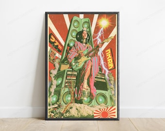 Electric Guitarist Woman Retro Pop Art Print | Neon Synth Rock Wall Art | Vibrant Music Poster | Digital Download A3 A2 A1