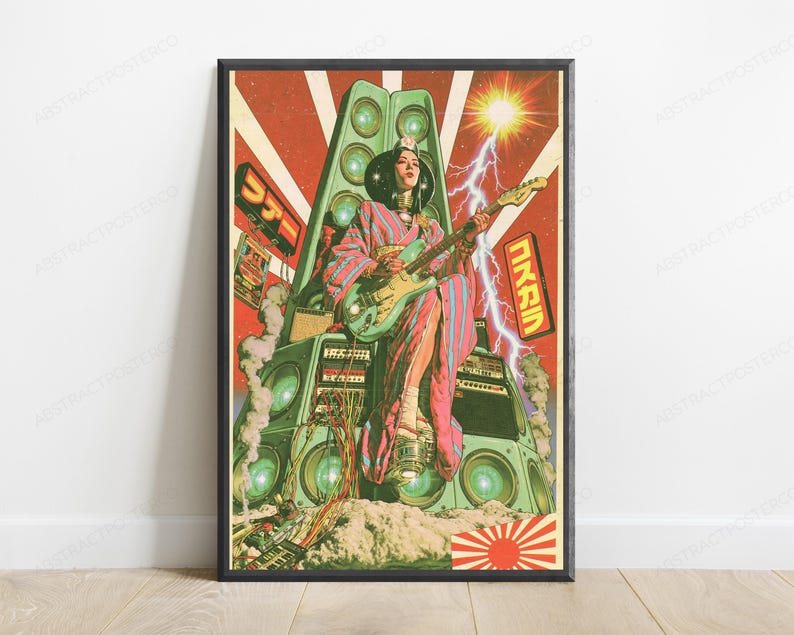 May include: A framed poster featuring a person in a pink and blue striped kimono playing an electric guitar while seated on a large green speaker stack. The background includes a red sunburst, lightning, and Japanese text in yellow rectangular signs.