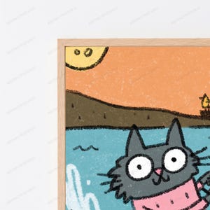 Happy Surfing Cat Pop Art Print | Cute Kitten Beach Wall Art | Minimalist Summer Decor | Digital Download A3 A2 A1 image 2