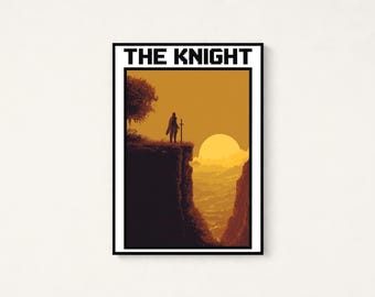 Medieval Knight Cliff Sunset Pixel Art | Golden Hour Fantasy Wall Art | Minimalist Gaming Decor | Digital Download A3 A2 A1