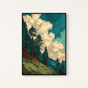 Lámina artística japonesa de paisaje de bosque de montaña / Arte mural minimalista de naturaleza / Decoración de cielo con nubes color turquesa / Arte para el hogar inspirado en el anime / Descarga digital imagen 1