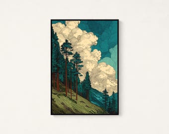 Mountain Forest Landscape Japanese Art Print | Minimalist Nature Wall Art | Teal Cloud Sky Decor | Anime-Inspired Home Art | Digital Downloa