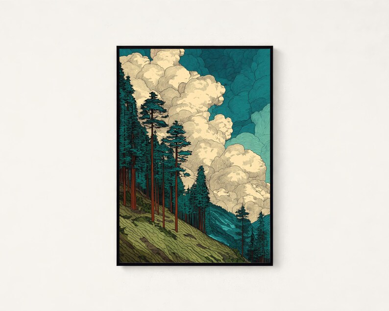 Lámina artística japonesa de paisaje de bosque de montaña / Arte mural minimalista de naturaleza / Decoración de cielo con nubes color turquesa / Arte para el hogar inspirado en el anime / Descarga digital imagen 1