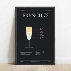 French 75 Cocktail Recipe Print | Champagne Gin Drink Art | Bar Wall Decor