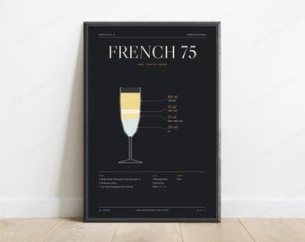 French 75 Cocktail Recipe Print | Champagne Gin Drink Art | Bar Wall Decor