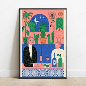 May include: A framed art print featuring a stylized illustration of two people sitting at a table in a room with a pink wall, blue booth, and various plants including a palm and cactus. A flamingo, a saxophone, and drinks are also depicted.
