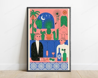 Lámina decorativa estilo retro para coctelería con pareja / Arte mural botánico de flamencos tropicales / Decoración vibrante para la vida nocturna / Descarga digital A3 A2 A1