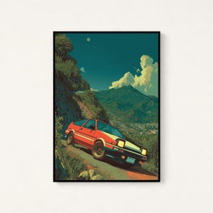 Könnte beinhalten: Gerahmter Kunstdruck mit einem roten Sportwagen auf einer Bergstraße. Das Auto hat eine weiße und schwarze Front. Der Hintergrund zeigt eine Bergkette, einen blauen Himmel und Wolken. Das Kunstwerk hat eine Retro-Ästhetik.