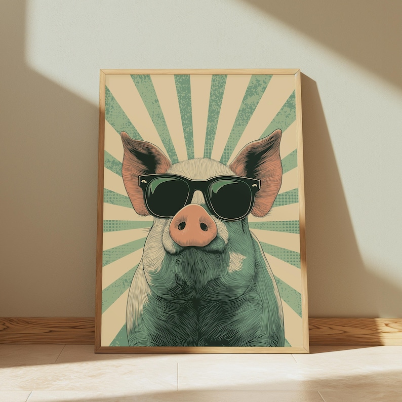 May include: A rectangular wall art print featuring a stylised illustration of a pig wearing black sunglasses. The pig is centred against a background of radiating teal and beige sunburst stripes with a subtle dotted texture throughout the design.
