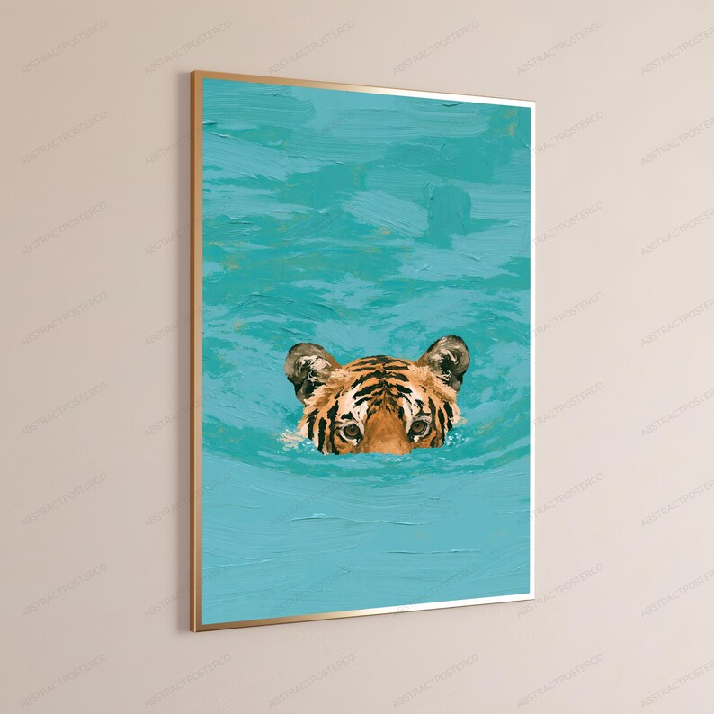 May include: A framed wall art print featuring an oil painting style depiction of a tiger head emerging from vibrant turquoise water. The tiger has orange fur with black stripes and is positioned in the centre of the textured blue water surface.