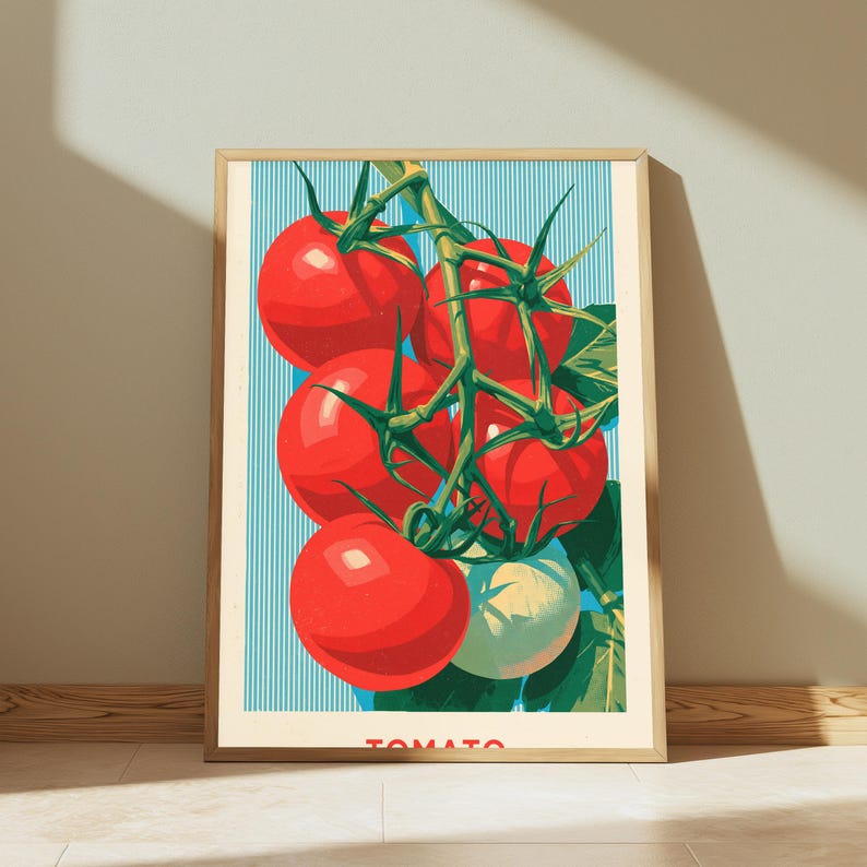 Ripe Tomato Vine Food Art Print | Vibrant Red Kitchen Wall Decor | Minimalist Produce Poster | Digital Download A3 A2 A1 image 4