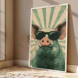 Cool Pig Sunglasses Print | Retro Pop Art | Fun Animal Wall Decor | Minimalist Home Art | Digital Download A3 A2 A1 image 3