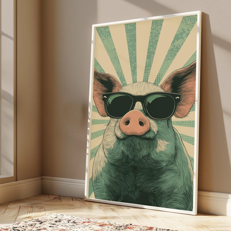 Cool Pig Sunglasses Print | Retro Pop Art | Fun Animal Wall Decor | Minimalist Home Art | Digital Download A3 A2 A1 image 3