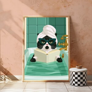 Stampa di un gatto nero con occhiali da sole per vasca da bagno / Divertente arte murale con gatto / Arredamento minimalista per la casa / Download digitale A3 A2 A1 immagine 10
