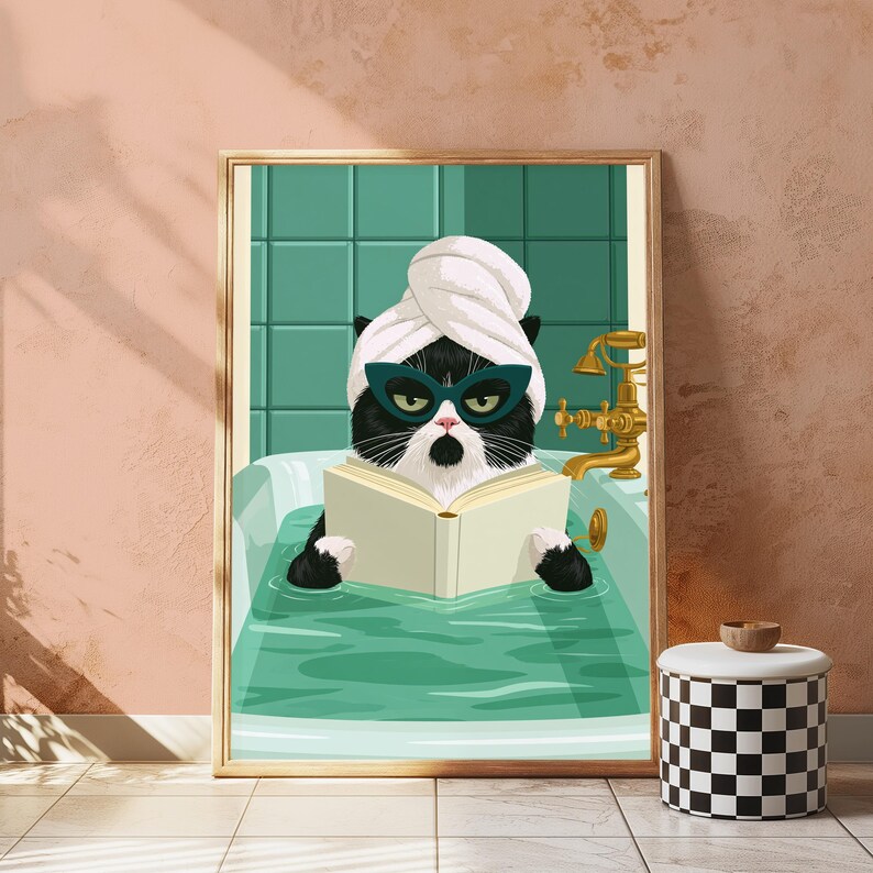 Stampa di un gatto nero con occhiali da sole per vasca da bagno / Divertente arte murale con gatto / Arredamento minimalista per la casa / Download digitale A3 A2 A1 immagine 10
