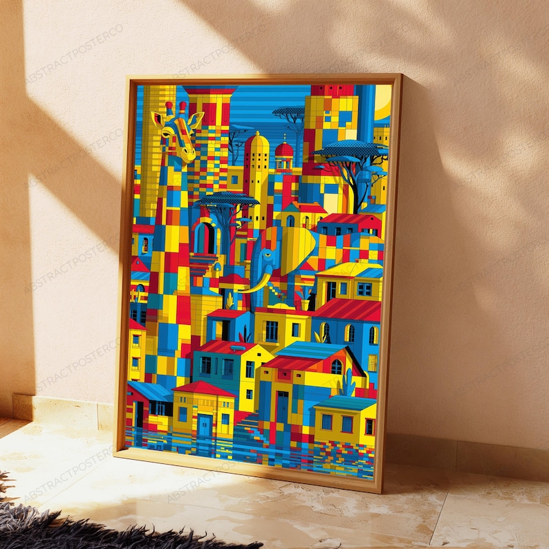 May include: A rectangular wall art print featuring a vibrant, geometric mosaic pattern in shades of blue, yellow, and red. The artwork depicts a stylized giraffe, an elephant, and various buildings, all composed of small, colorful square blocks.