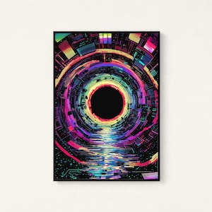 May include: A rectangular wall art print featuring a central black circular void surrounded by concentric rings of vibrant neon colors including magenta, cyan, yellow, and purple. The design incorporates digital geometric patterns and light reflections.