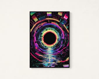 Impresión de portal de vórtice de neón / Arte mural abstracto cyberpunk / Decoración minimalista con efecto glitch digital / Descarga digital A3 A2 A1