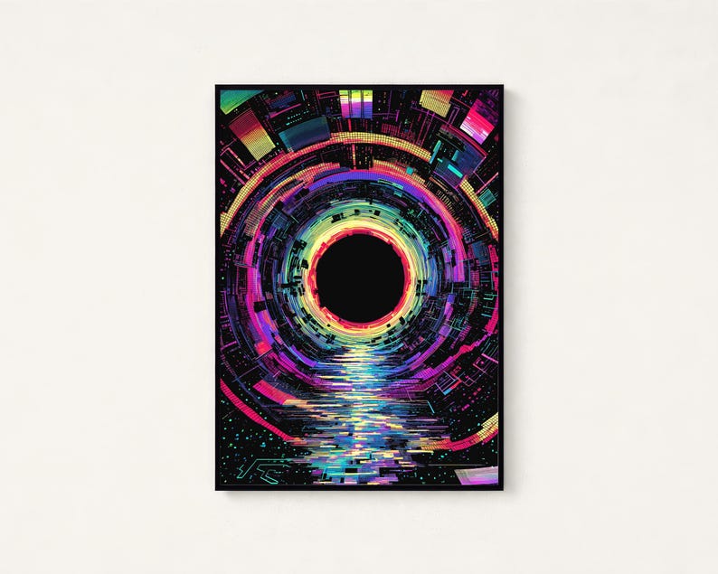 May include: A rectangular wall art print featuring a central black circular void surrounded by concentric rings of vibrant neon colors including magenta, cyan, yellow, and purple. The design incorporates digital geometric patterns and light reflections.