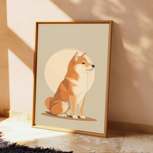 Puede incluir: Una impresi&oacute;n de arte mural enmarcada que presenta una ilustraci&oacute;n estilizada de un perro Shiba Inu sentado de perfil. El perro tiene pelaje naranja y crema, y est&aacute; posicionado contra un gran fondo circular p&aacute;lido en un campo beige claro.