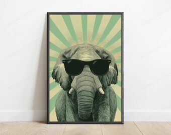 Lunettes de soleil cool éléphant imprimées | Art mural pop art | Décoration d'intérieur minimaliste rétro | Téléchargement numérique A3 A2 A1